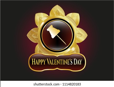  Gold shiny badge with paper pin icon and Happy Valentine's Day text inside