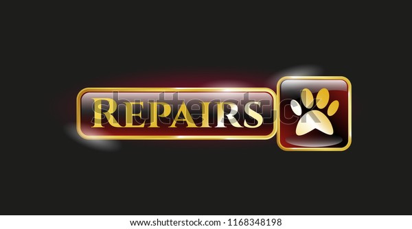 \
Gold shiny badge with paw icon and Repairs text\
inside