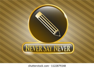  Gold shiny badge with pencil icon and Never Say Never text inside
