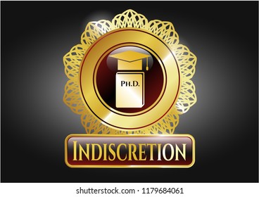  Gold shiny badge with Phd thesis icon and Indiscretion text inside