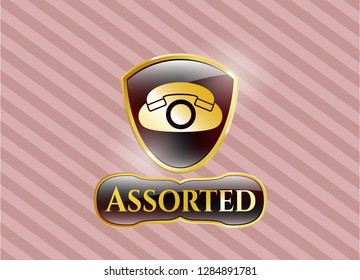  Gold shiny badge with phone icon and Assorted text inside