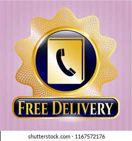 Gold shiny badge with phonebook icon and Free Delivery text inside