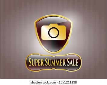  Gold shiny badge with photo camera icon and Super Summer Sale text inside