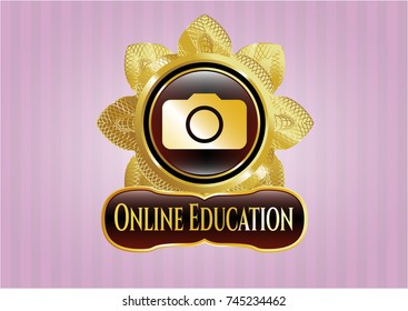  Gold shiny badge with photo camera icon and Online Education text inside