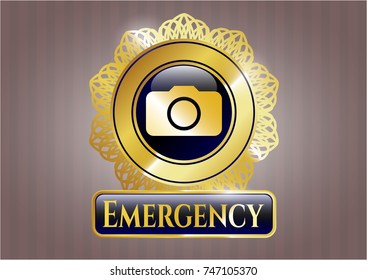  Gold shiny badge with photo camera icon and Emergency text inside