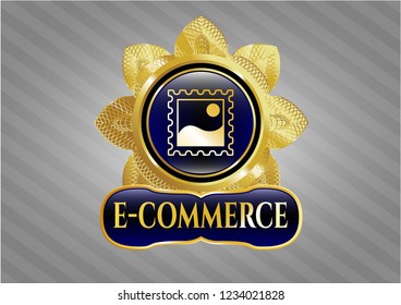  Gold shiny badge with picture icon and e-commerce text inside