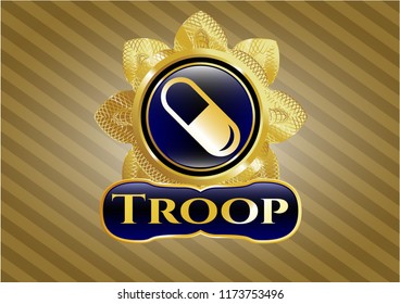  Gold shiny badge with pill icon and Troop text inside