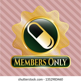  Gold shiny badge with pill icon and Members Only text inside