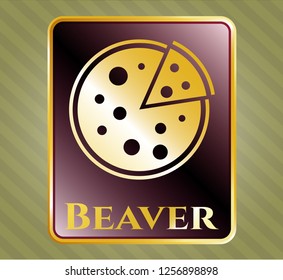  Gold shiny badge with pizza icon and Beaver text inside
