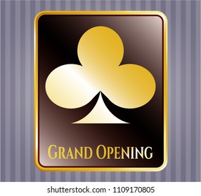  Gold shiny badge with poker clover icon and Grand Opening text inside