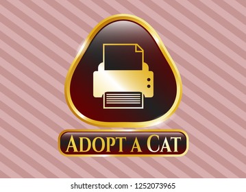  Gold shiny badge with printer icon and Adopt a Cat text inside