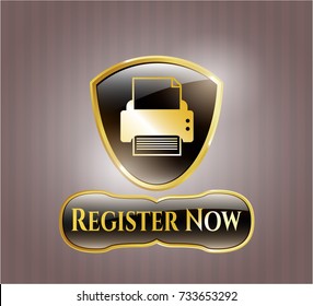  Gold shiny badge with printer icon and Register Now text inside
