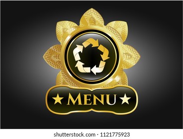  Gold shiny badge with recycle icon and Menu text inside