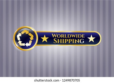  Gold shiny badge with recycle icon and Worldwide Shipping text inside