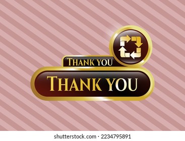 Gold shiny badge with recycle icon and Thank you text inside