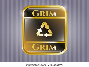 Gold shiny badge with recycle icon and Grim text inside