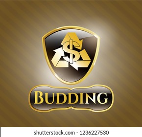  Gold shiny badge with recycling business icon and Budding text inside