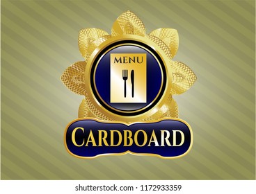  Gold shiny badge with restaurant menu icon and Cardboard text inside