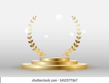 Gold shiny badge rewards with a Laurel wreath with a podium. Vector illustration
