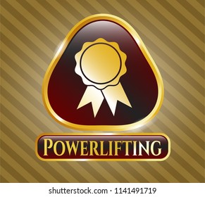  Gold shiny badge with ribbon icon and Powerlifting text inside