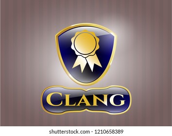  Gold shiny badge with ribbon icon and Clang text inside