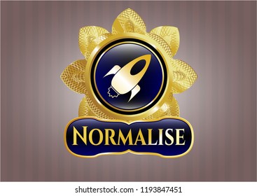  Gold shiny badge with rocket icon and Normalise text inside