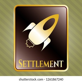  Gold shiny badge with rocket icon and Settlement text inside