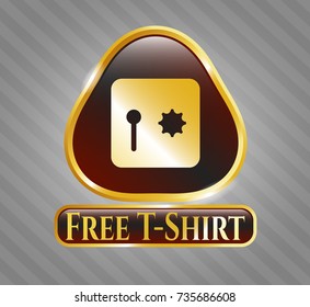  Gold shiny badge with safe, safety deposit box icon and Free T-Shirt text inside