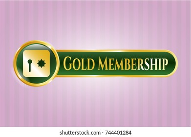  Gold shiny badge with safe, safety deposit box icon and Gold Membership text inside