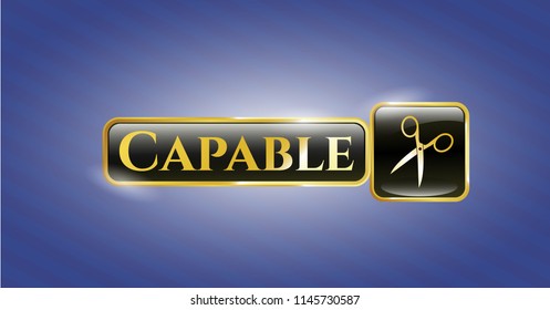  Gold shiny badge with scissors icon and Capable text inside