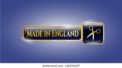  Gold shiny badge with scissors icon and Made in England text inside