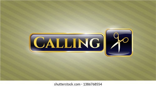  Gold shiny badge with scissors icon and Calling text inside