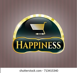  Gold shiny badge with shopping cart icon and Happiness text inside