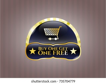  Gold shiny badge with shopping cart icon and Buy one get One Free text inside