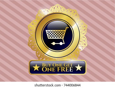  Gold shiny badge with shopping cart icon and Buy one get One Free text inside