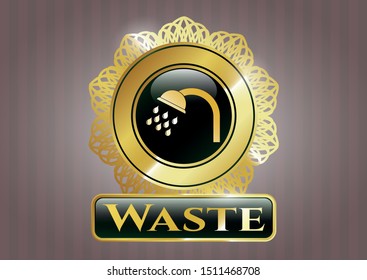  Gold shiny badge with shower icon and Waste text inside