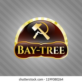 Gold shiny badge with sickle and hammer icon and Bay-tree text inside