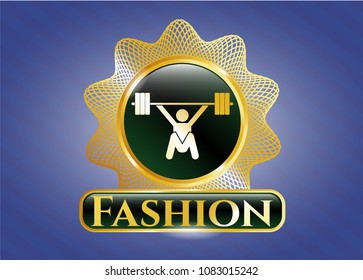   Gold shiny badge with snatch, weightlifting icon and Fashion text inside