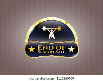  Gold shiny badge with snatch, weightlifting icon and End of Season Sale text inside