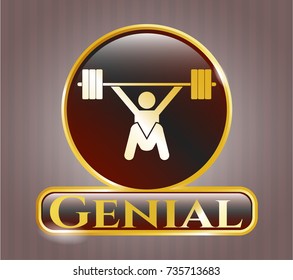  Gold shiny badge with snatch, weightlifting icon and Genial text inside