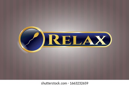  Insignia dorada brillante con icono de esperma y texto Relax dentro