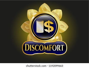  Gold shiny badge with stack of coins icon and Discomfort text inside