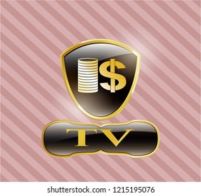  Gold shiny badge with stack of coins icon and TV text inside