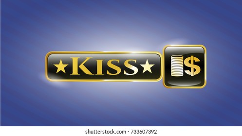  Gold shiny badge with stack of coins icon and Kiss text inside