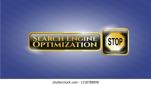 Gold shiny badge with stop icon and Search Engine Optimization text inside