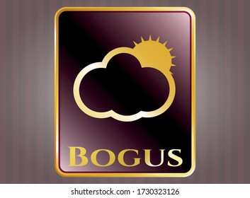 Gold shiny badge with sun behind cloud icon and Bogus text inside