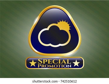  Gold shiny badge with sun behind cloud icon and Special Promotion text inside