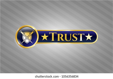    Gold shiny badge with swords crossed with shield icon and Trust text inside