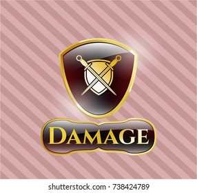  Gold shiny badge with swords crossed with shield icon and Damage text inside