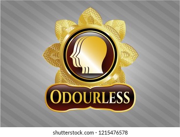  Gold shiny badge with team work icon and Odourless text inside